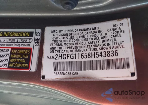 2008 Honda Civic Lx from USA, damaged, VIN 2HGFG11658H543836
